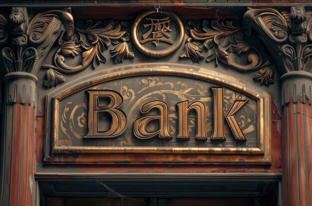 Foto een close-up van het woord bank op een sierlijk bord boven een deur