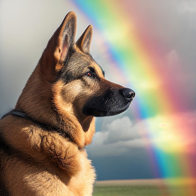 Een close up van hond met regenboog op de achtergrond generatieve ai