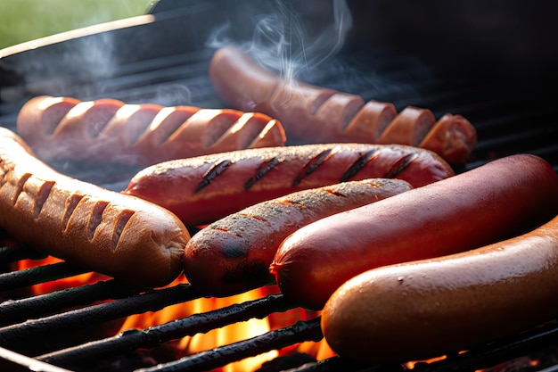 Een close-up van hotdogs en worstjes met rook die uit de grill stijgt