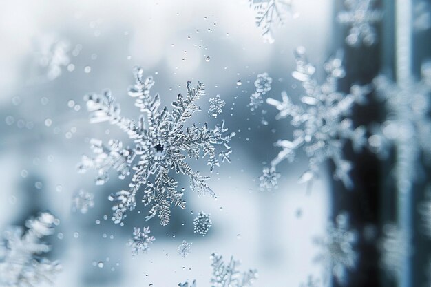 Foto een close-up van ingewikkelde sneeuwvlokken op een raam