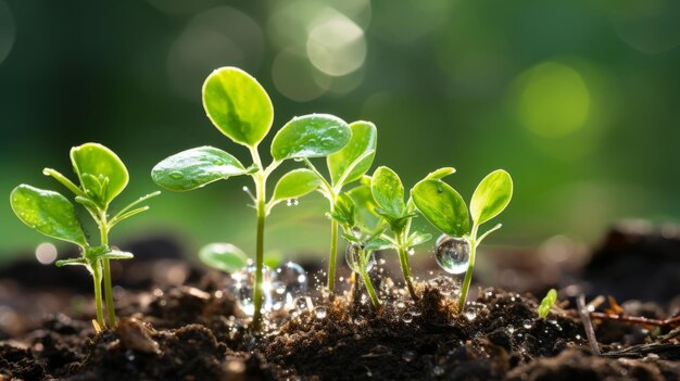 Foto een close-up van jonge planten die uit de grond ontspruiten