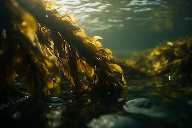 Een close up van kelp in water waar de zon op schijnt