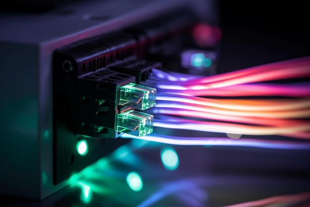 Een close-up van kleurrijke draden op een server