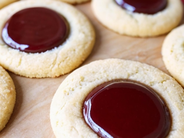 Foto een close-up van koekjes met een die een rode jelly op het heeft