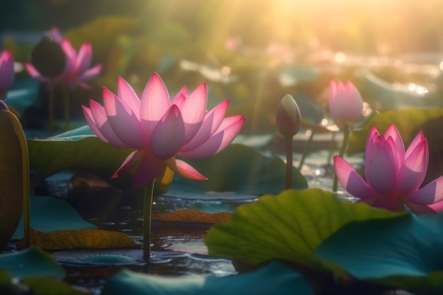 Een close-up van lotusbloemen in een vijver met de zon die door de bladeren schijnt.