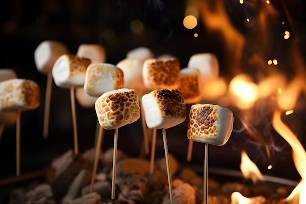 Een close-up van marshmallows die aan spiesjes roosteren met een warme en gezellige sfeer