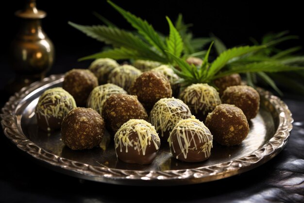 Foto een close-up van met cannabis gevulde truffels op een zilveren schotel