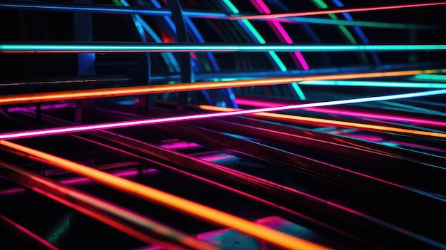 Een close-up van neonlichten in een donkere kamer