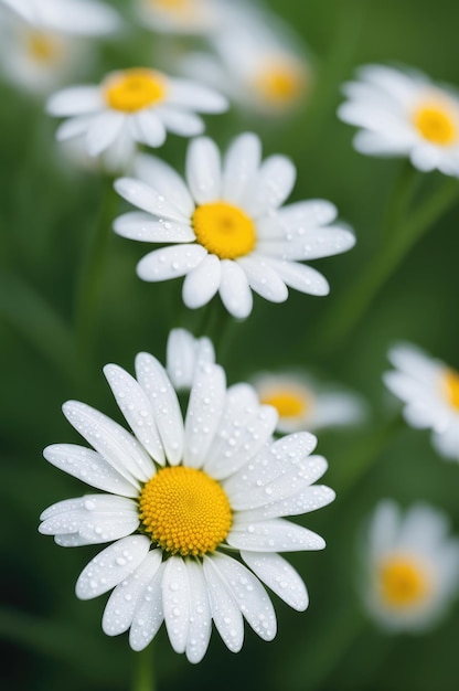 Een close-up van ongerepte witte madeliefjes met levendige gele centra bezaaid met dauwdruppels