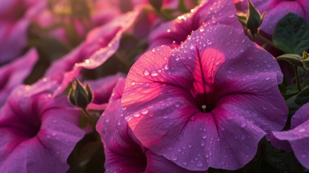 Een close up van paarse bloemen waar de zon op schijnt