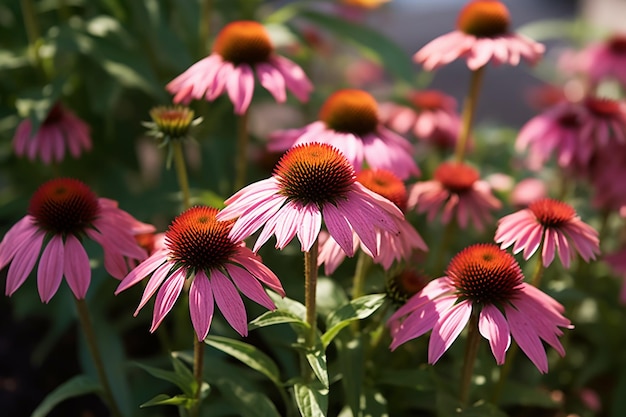 Een close up van paarse echinacea bloemen in een tuin