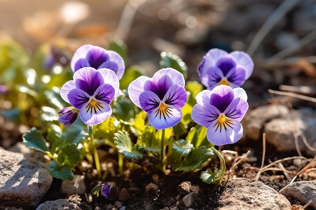 Een close-up van paarse en gele viooltjes in een tuin