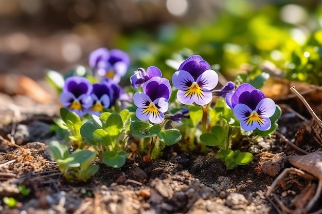 Een close-up van paarse en gele viooltjes in een tuin