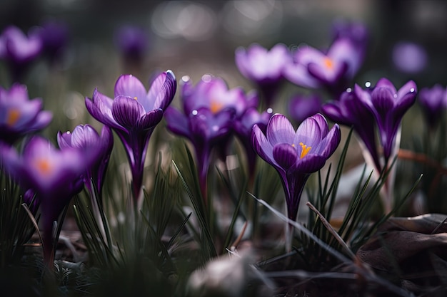 Een close-up van paarse krokusbloemen in het zonlicht