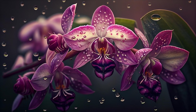 Een close-up van paarse orchideeën met waterdruppels op het glas