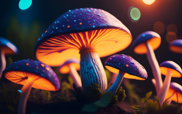 Een close-up van paddenstoelen met een donkere achtergrond