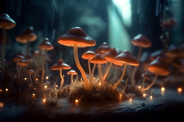 Een close-up van paddenstoelen met een donkere achtergrond