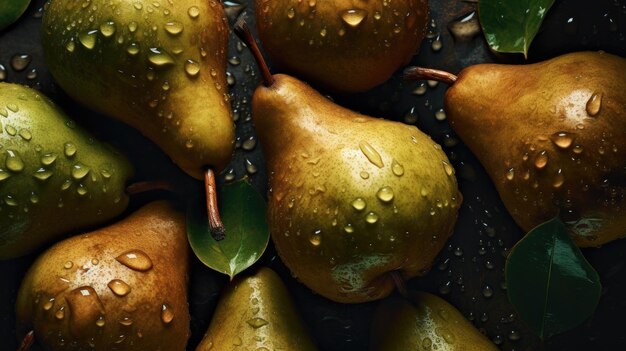 Foto een close-up van peren met groene bladeren erop