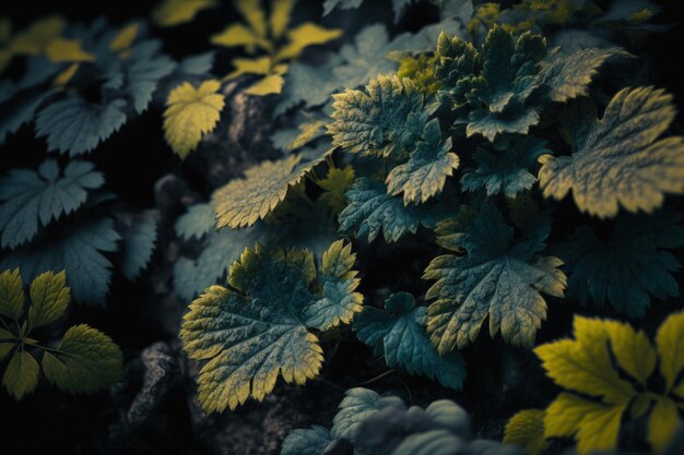 Een close-up van planten met gele bladeren en groene bladeren