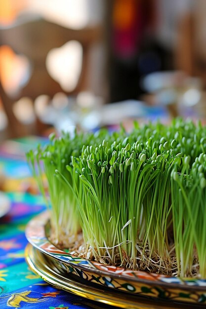 Foto een close-up van prachtig gegroeide sabzeh groene spruiten op de nowruz haftseen tafel