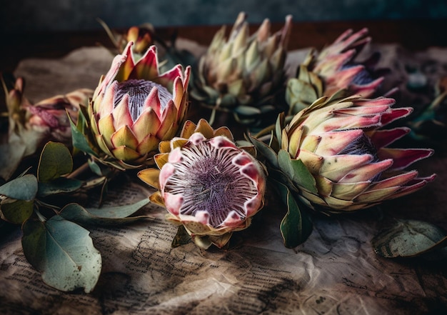 Een close-up van protea's op een tafel