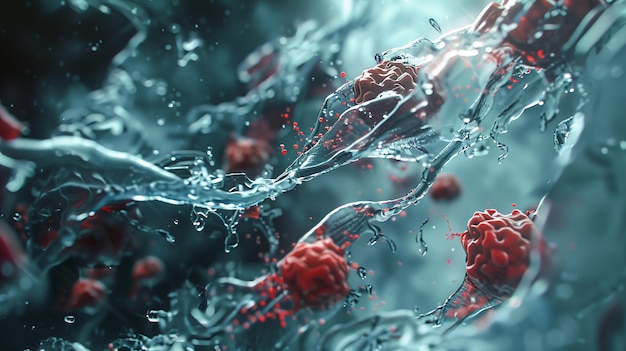 Een close-up van rode bloedcellen in water