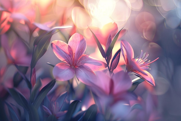een close-up van roze bloemen met de zon achter hen
