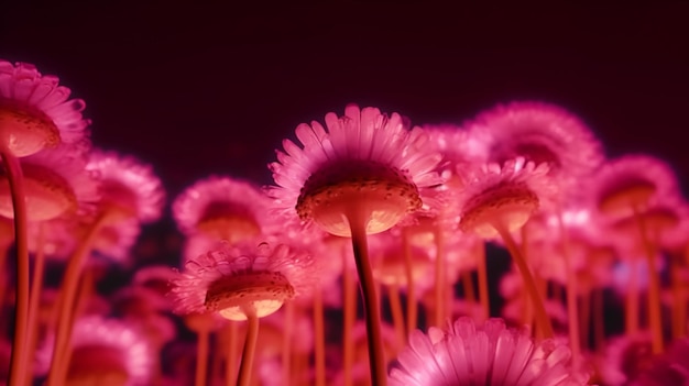 Een close-up van roze bloemen met het licht erop
