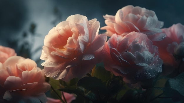 Een close-up van roze bloemen met regendruppels erop