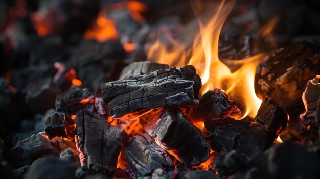 Een close-up van steenkool die in een open haard wordt verbrand