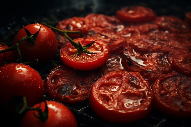 een close up van tomaten op een grill