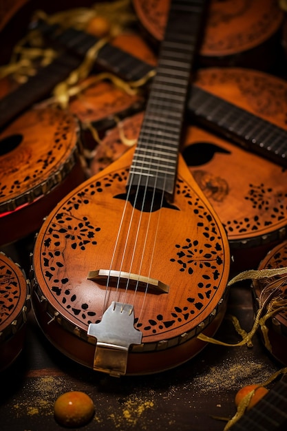 Foto een close-up van traditionele ierse muziekinstrumenten