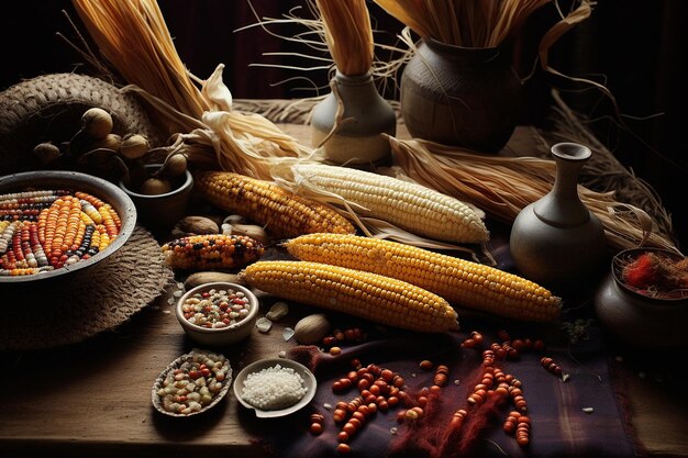 Een close-up van traditionele maïsgerechten uit verschillende culturen die culinaire diversiteit vieren