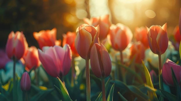 Een close-up van tulpen die in de zon bloeien