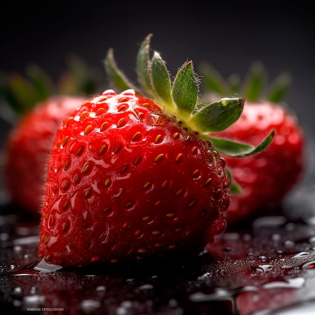 Een close-up van twee aardbeien op een natte ondergrond