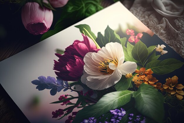 Een close-up van twee kaarten met bloemen erop generatieve AI