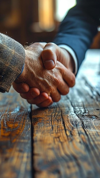 Foto een close-up van twee mensen die elkaars hand vasthouden op een houten tafel