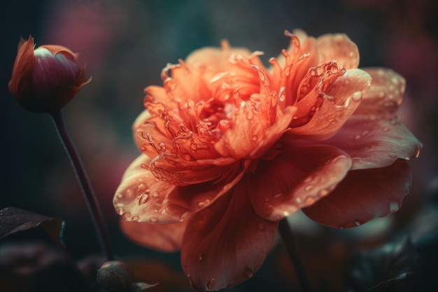 Een close-up van twee oranje bloemen met de regendruppels erop