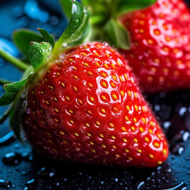 Een close-up van twee rode aardbeien met groene stippen erop.