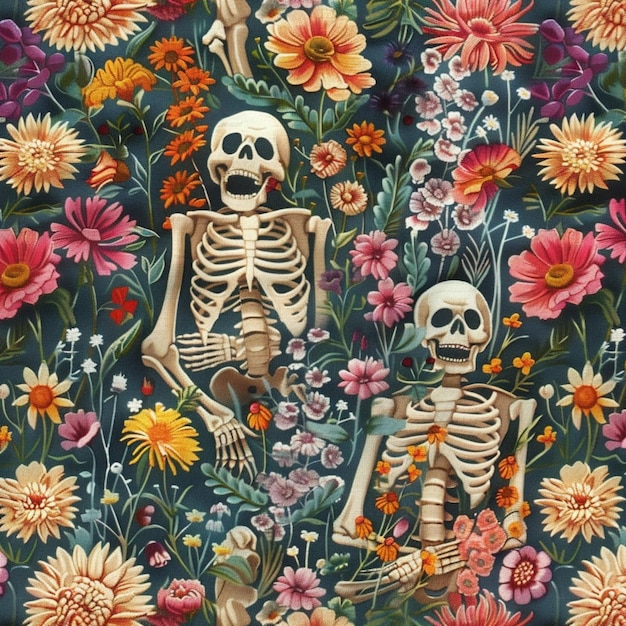 een close-up van twee skeletten die op een bed van bloemen zitten generatieve ai