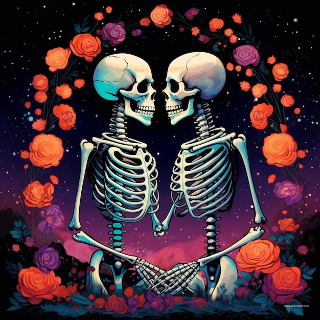 Een close-up van twee skeletten in een bloemig frame generatieve ai
