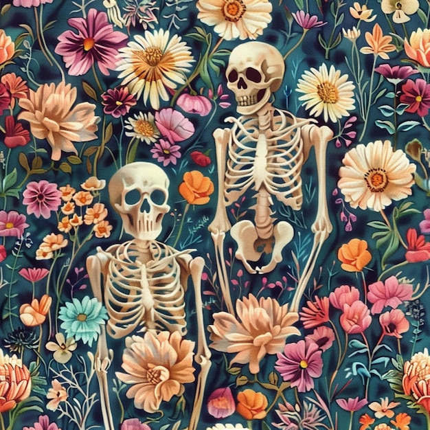 een close-up van twee skeletten in een veld van bloemen generatieve ai