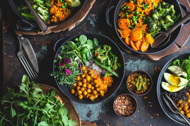 Foto een close-up van veganistische maaltijden met een hoog eiwitgehalte