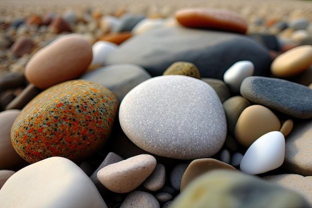 Een close-up van verschillende ronde gladde kiezelstenen op het strand