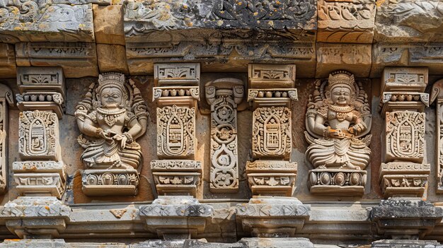 Een close-up van verweerde stenen beeldhouwwerken op een oude tempel die door AI is gegenereerd.
