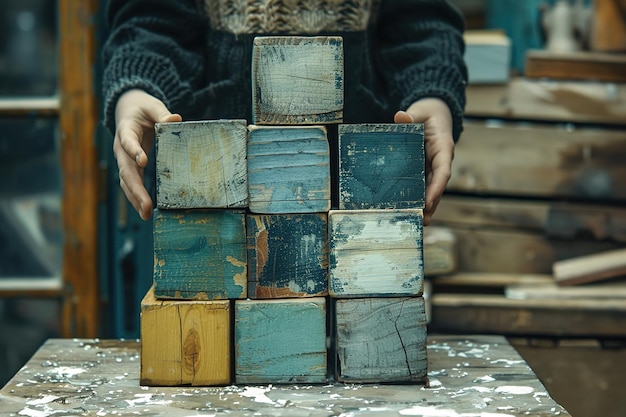 Een close-up van vintage houten blokken gestapeld creatief tonen nostalgie en jeugd herinneringen