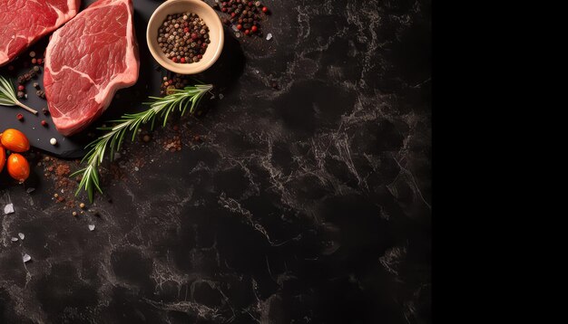 Foto een close-up van vlees en specerijen op een zwarte achtergrond