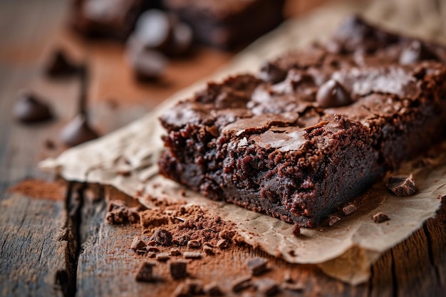 Een close-up van vochtige donkere chocolade brownie met mixnoot bovenop een houten tafel