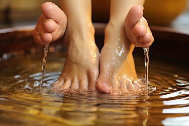Foto een close-up van voeten die zachtjes worden gemasseerd in een voet spa
