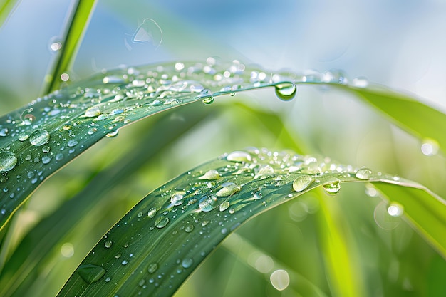 Een close-up van waterdruppels op een grasblad